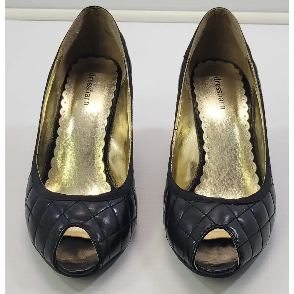 BG) Dressbarn Woman Quilted High Open Toe Black Heel Shoes 8M